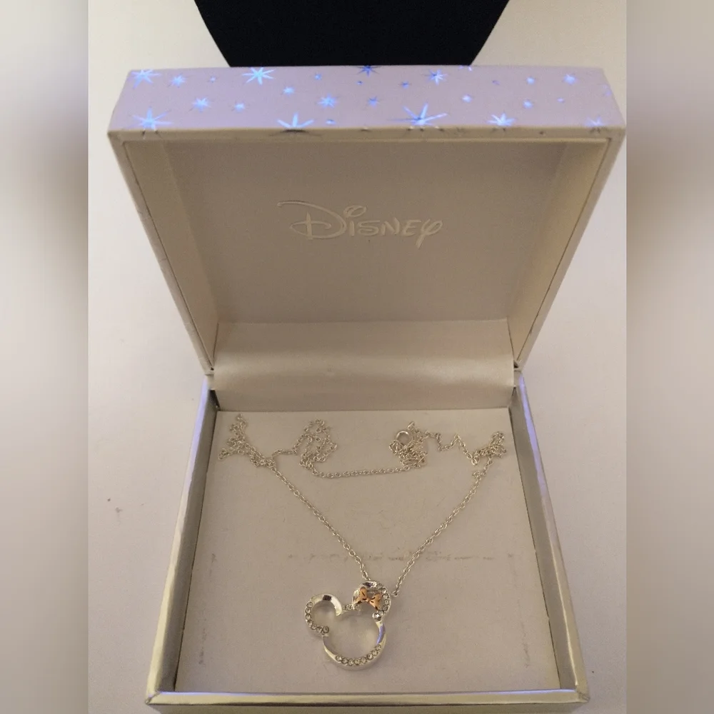 Disney's Minnie Mouse BOWTIFUL Head Bow Two Tone Crystal Necklace Silver Plated